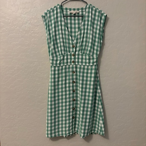 Ann Taylor LOFT Green Gingham Button Dress 4 Checkered Cottagecore Prairie - Picture 4 of 9